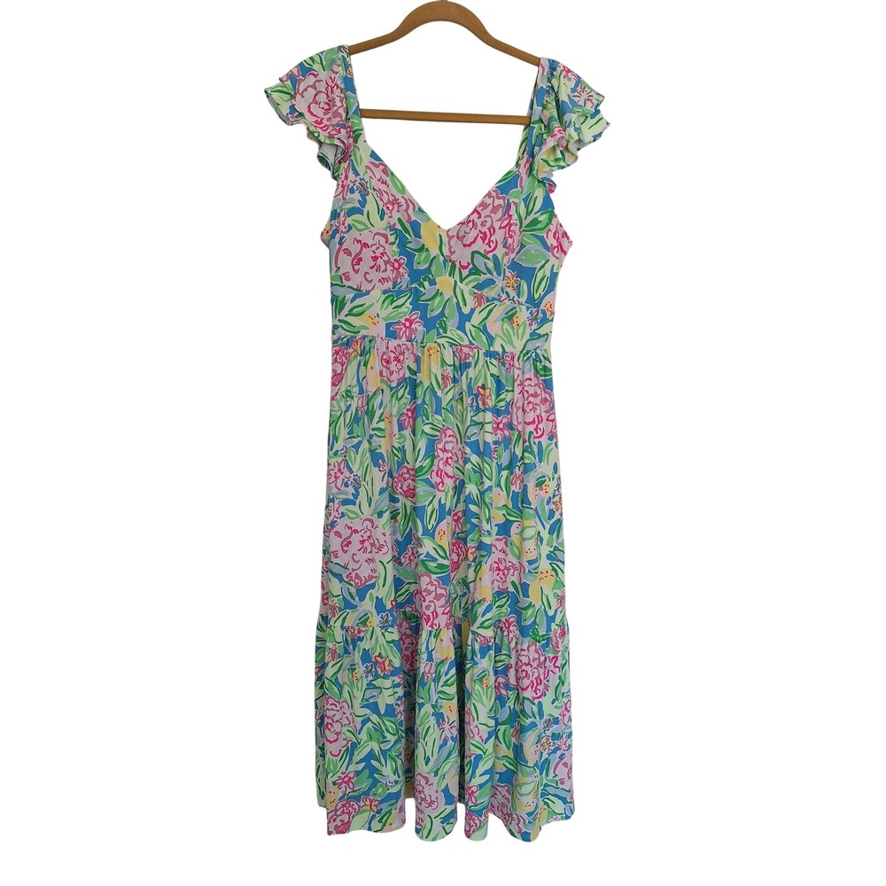 Lilly Pulitzer Floral Tiered Maxi Dress Blue Pink Ruffle Sleeve Smocked Size‎ 8